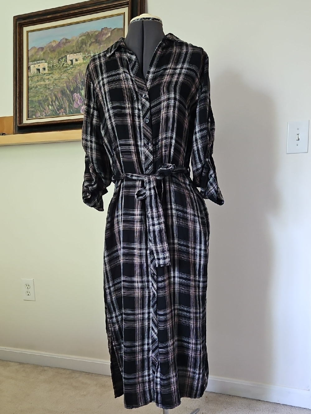 cloth & stone Black and White Plaid Button-Up Shirt Dress with Waist Tie